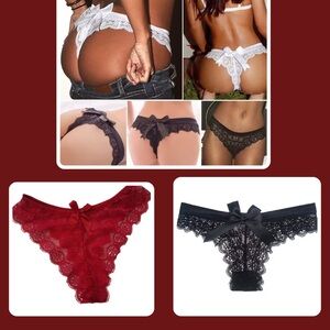 Lace Trim Bow Panties - Black and Red